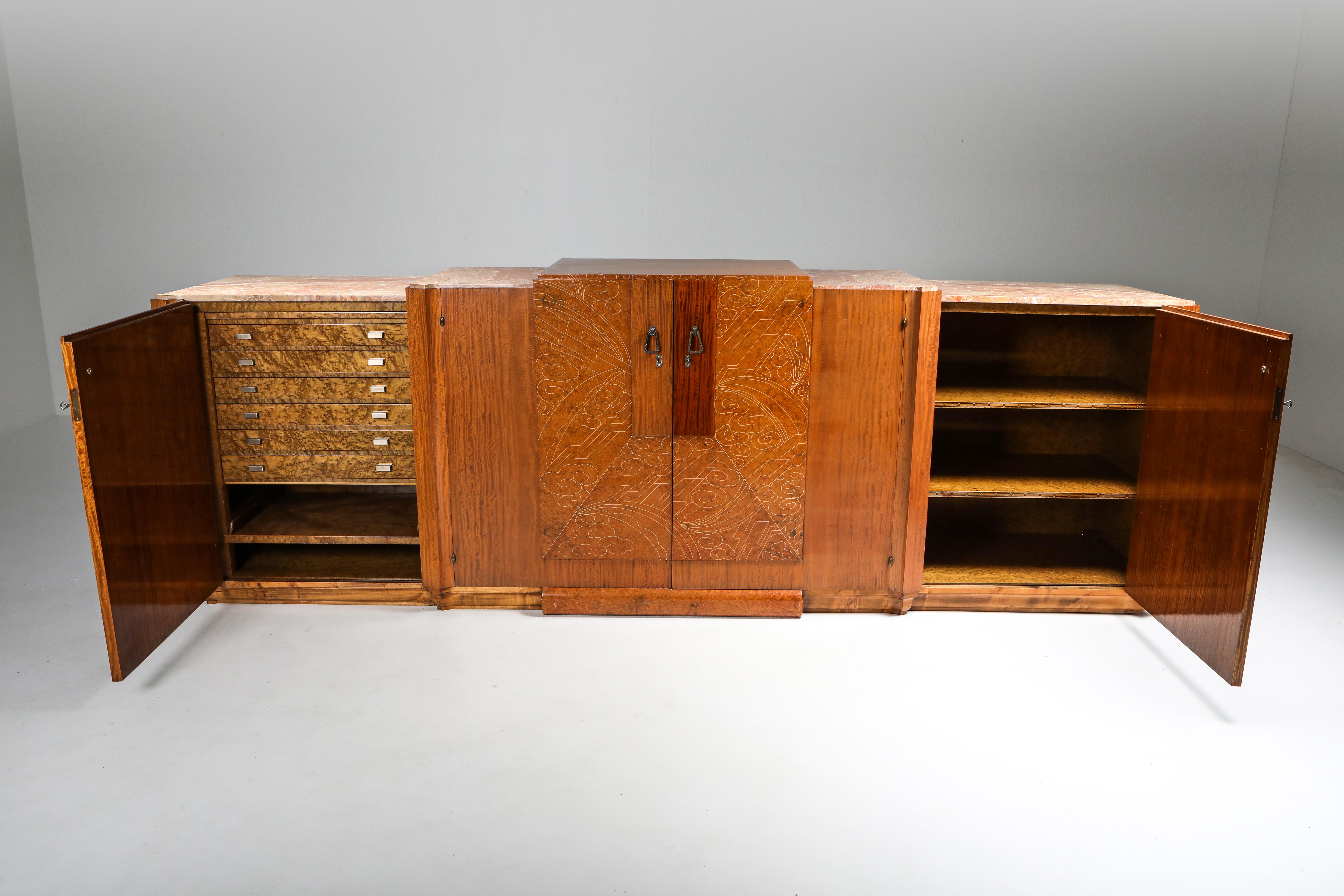 Art Deco High-End Credenza, Mahogany, Burl, Loupe D'amboine and Marble, 1930's For Sale 4