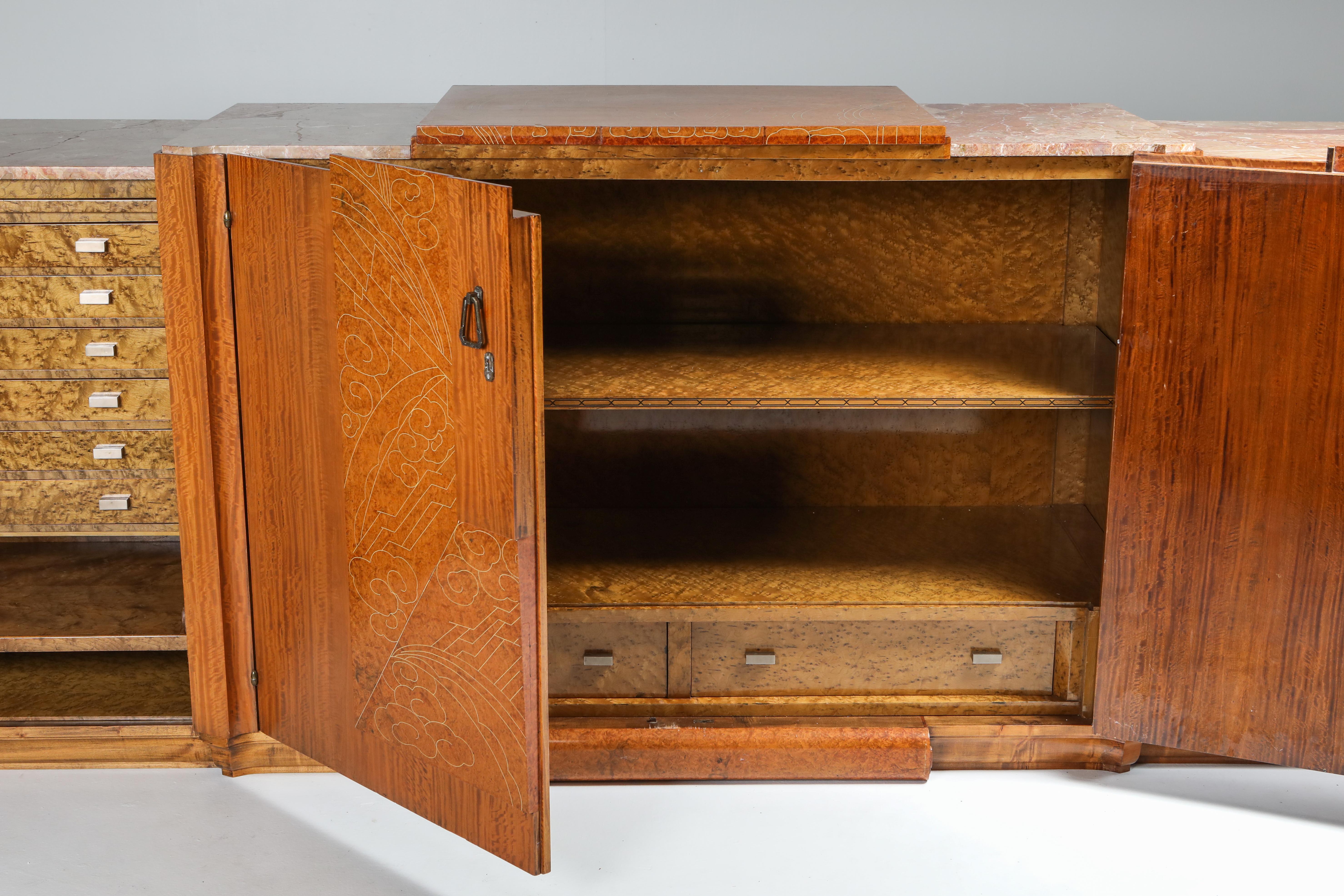 Art Deco High-End Credenza, Mahogany, Burl, Loupe D'amboine and Marble, 1930's For Sale 10