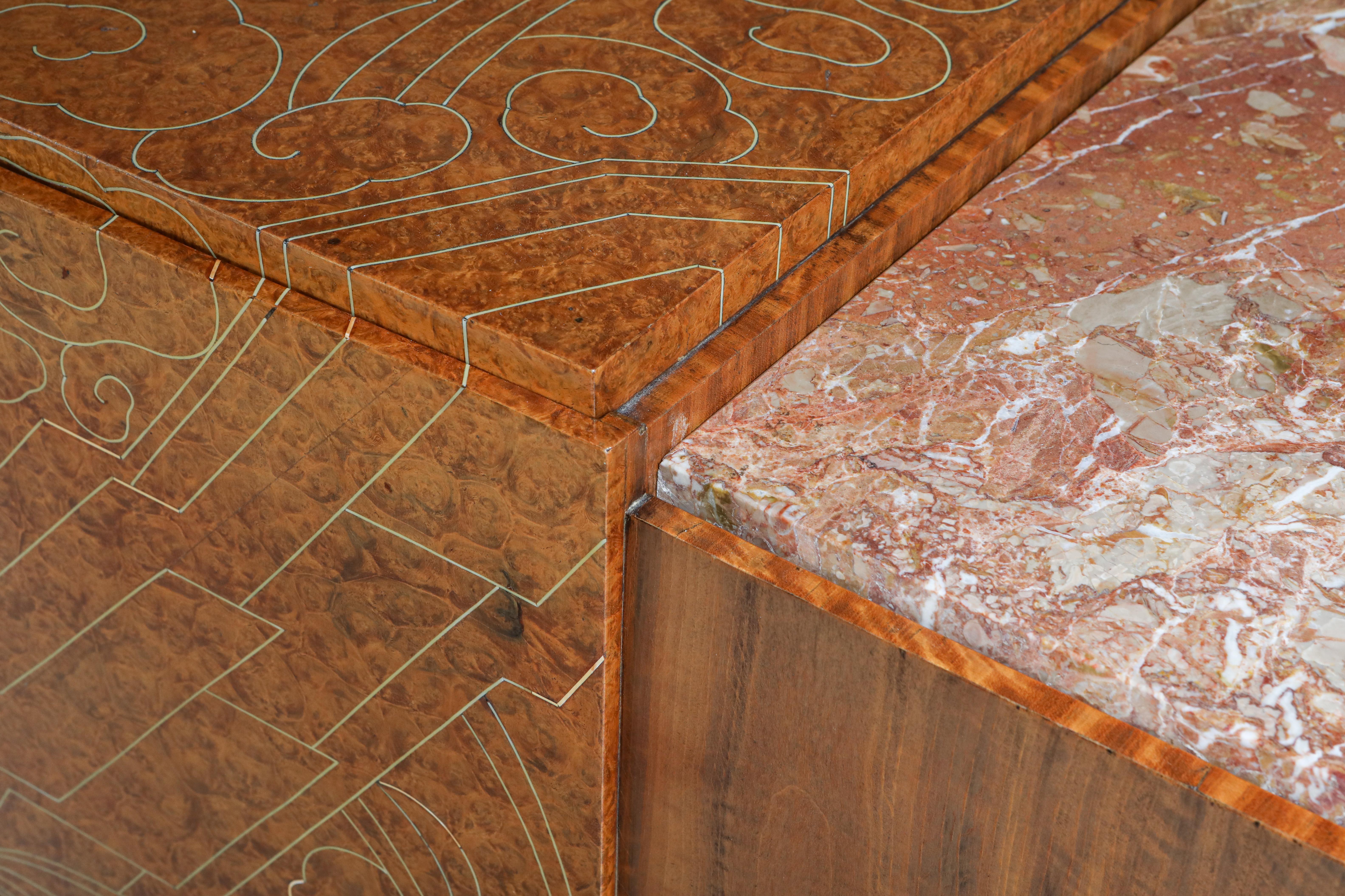 Mid-20th Century Art Deco High-End Credenza, Mahogany, Burl, Loupe D'amboine and Marble, 1930's For Sale