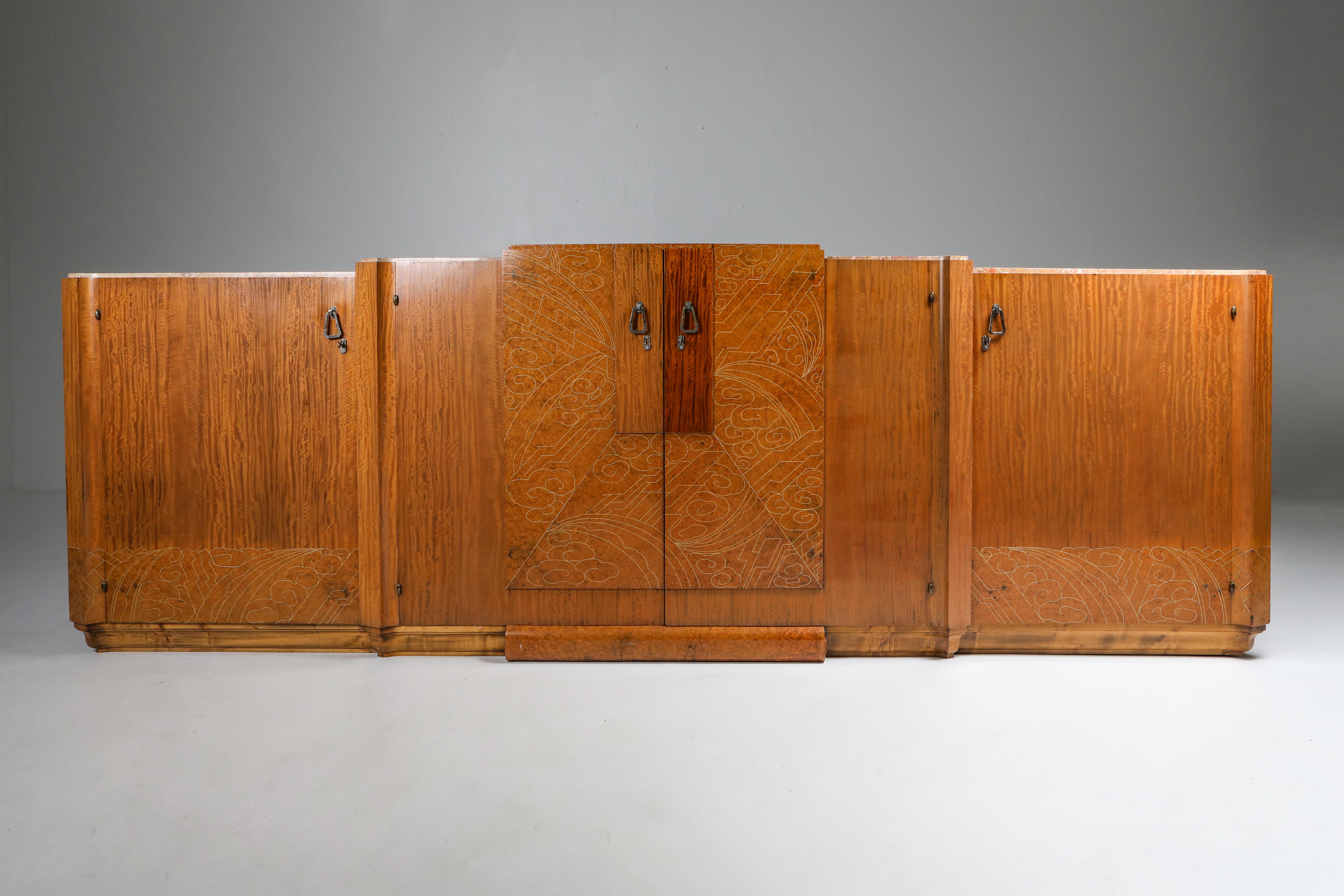 Art Deco High-End Credenza, Mahogany, Burl, Loupe D'amboine and Marble, 1930's For Sale 3