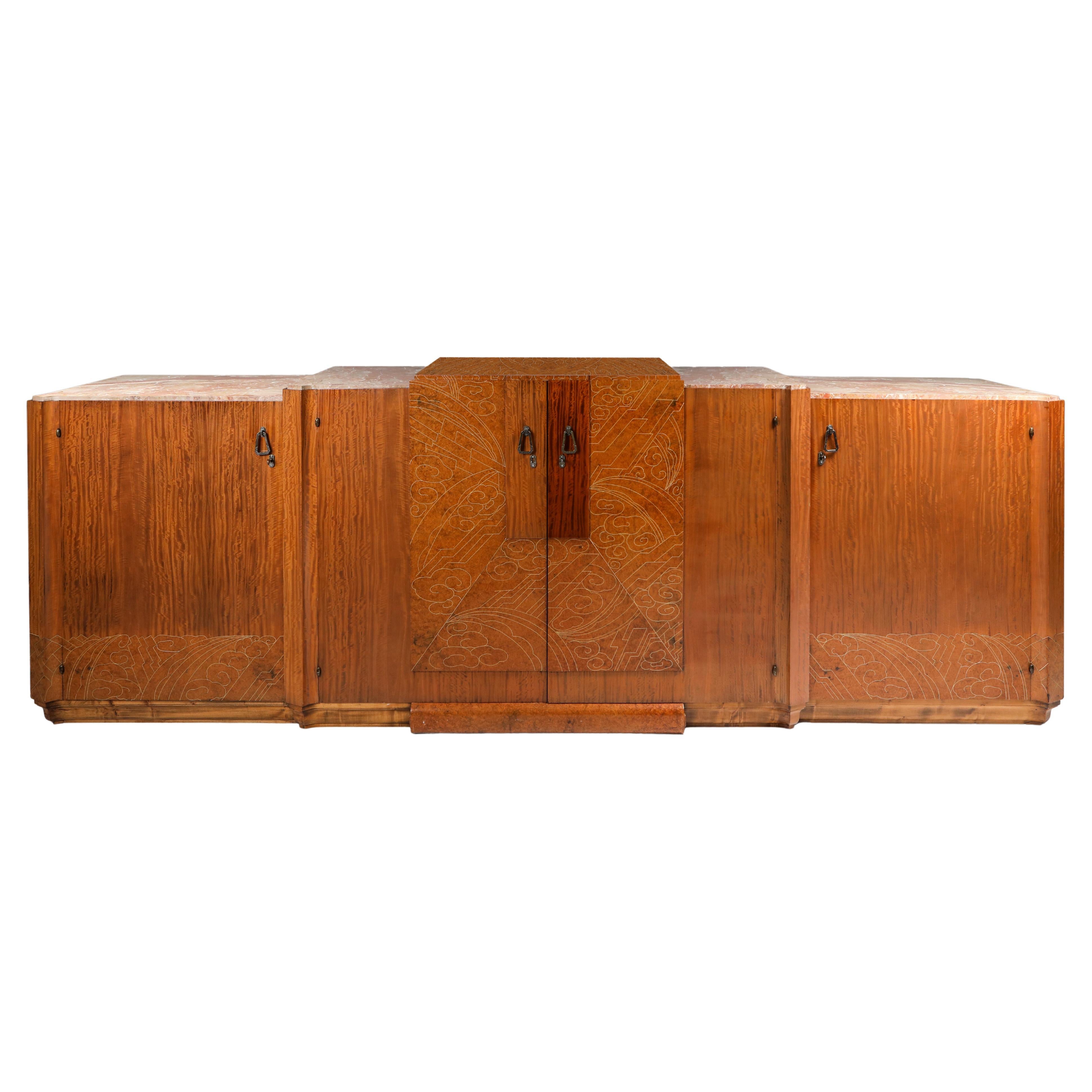 Art Deco High-End Credenza, Mahogany, Burl, Loupe D'amboine and Marble, 1930's