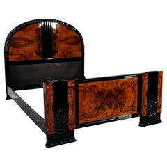 Art Deco High Gloss Bed Frame in Nutwood and Black Piano Lacquer, France 1930s