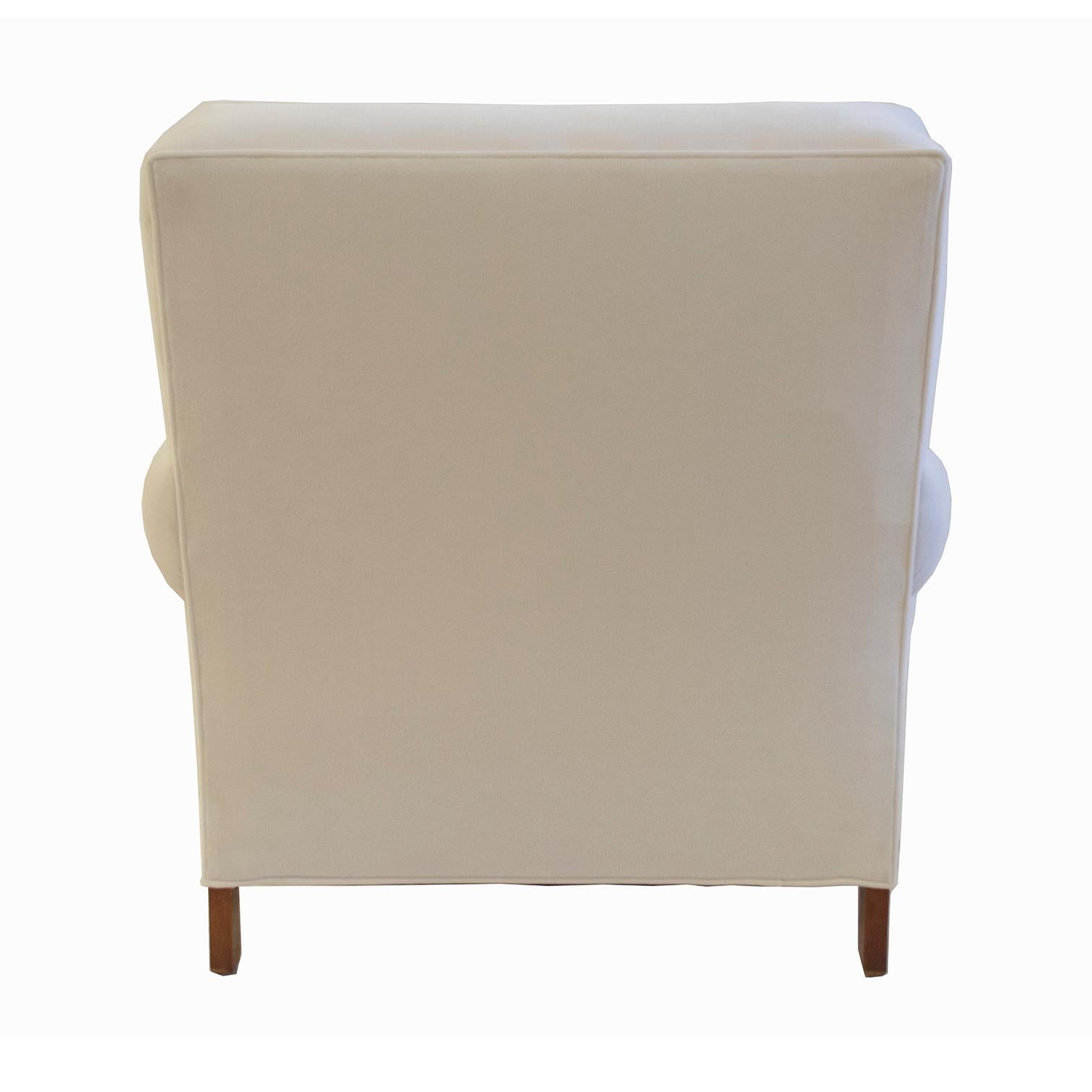 Wood Art Deco High Lawson Back White Velvet Club Chairs
