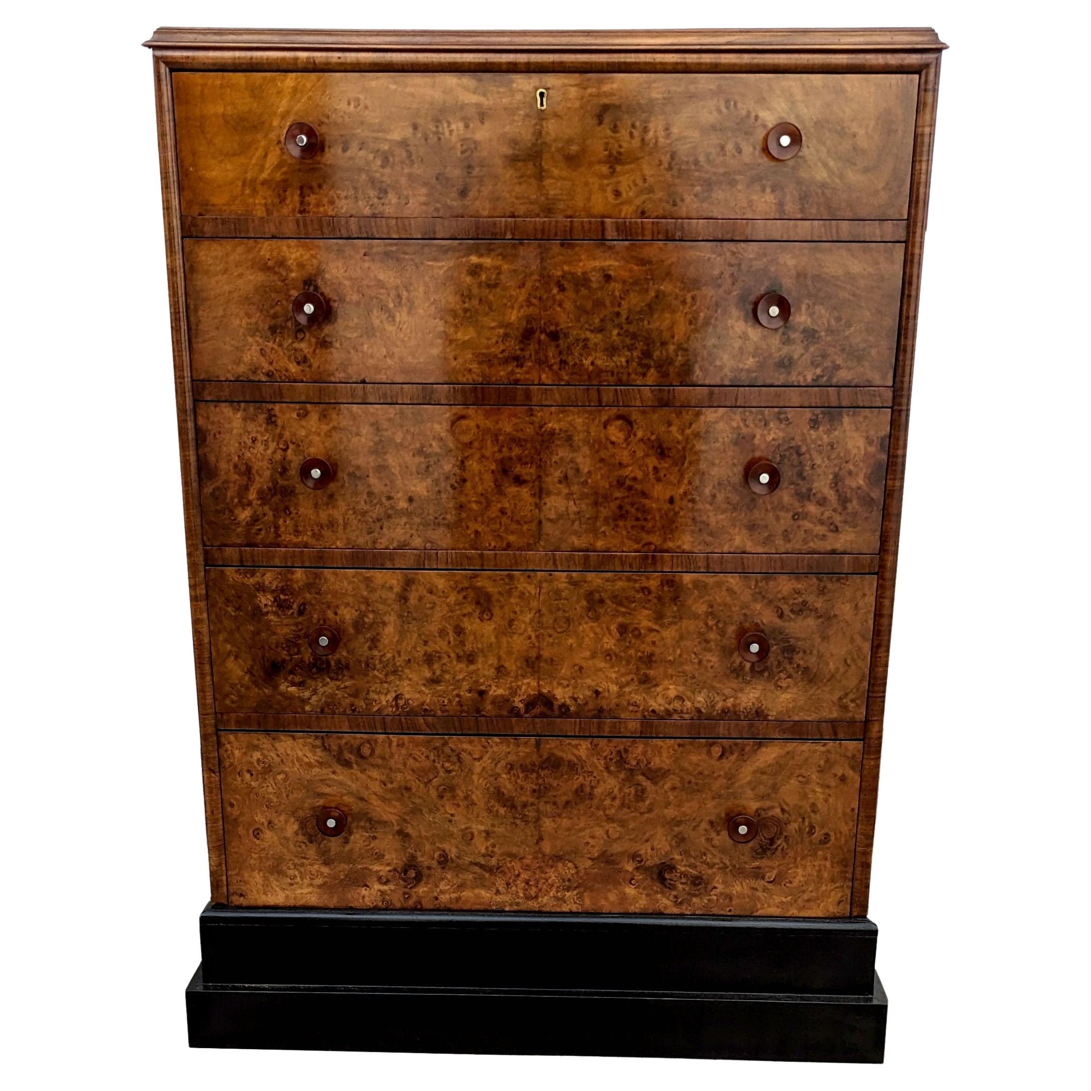 Art Deco High Quality Burr Walnut Chest Of Five Drawers, English, c1930's 8