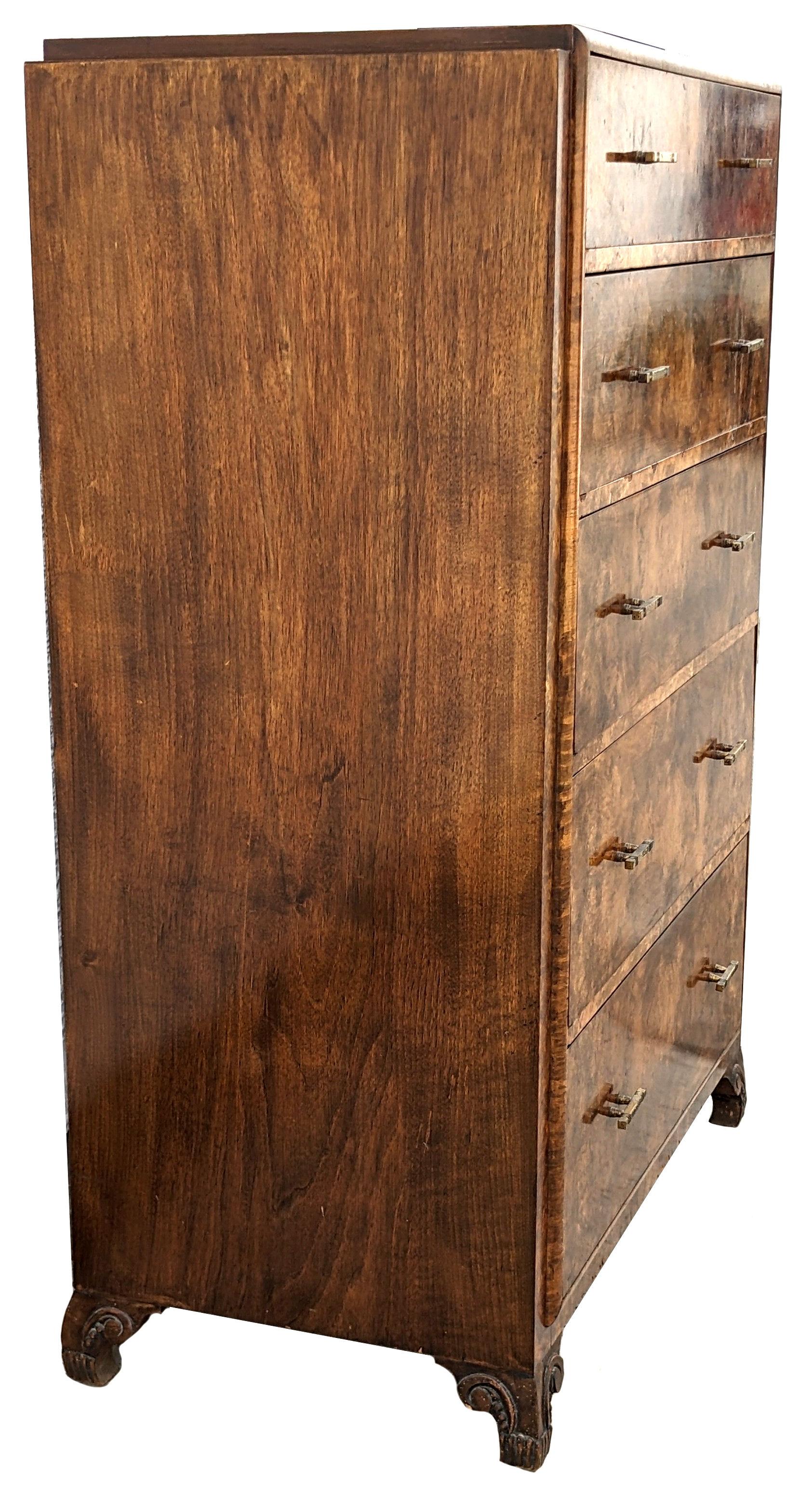 Art Deco High Quality Burr Walnut Chest Of Five Drawers, English, c1930's 1