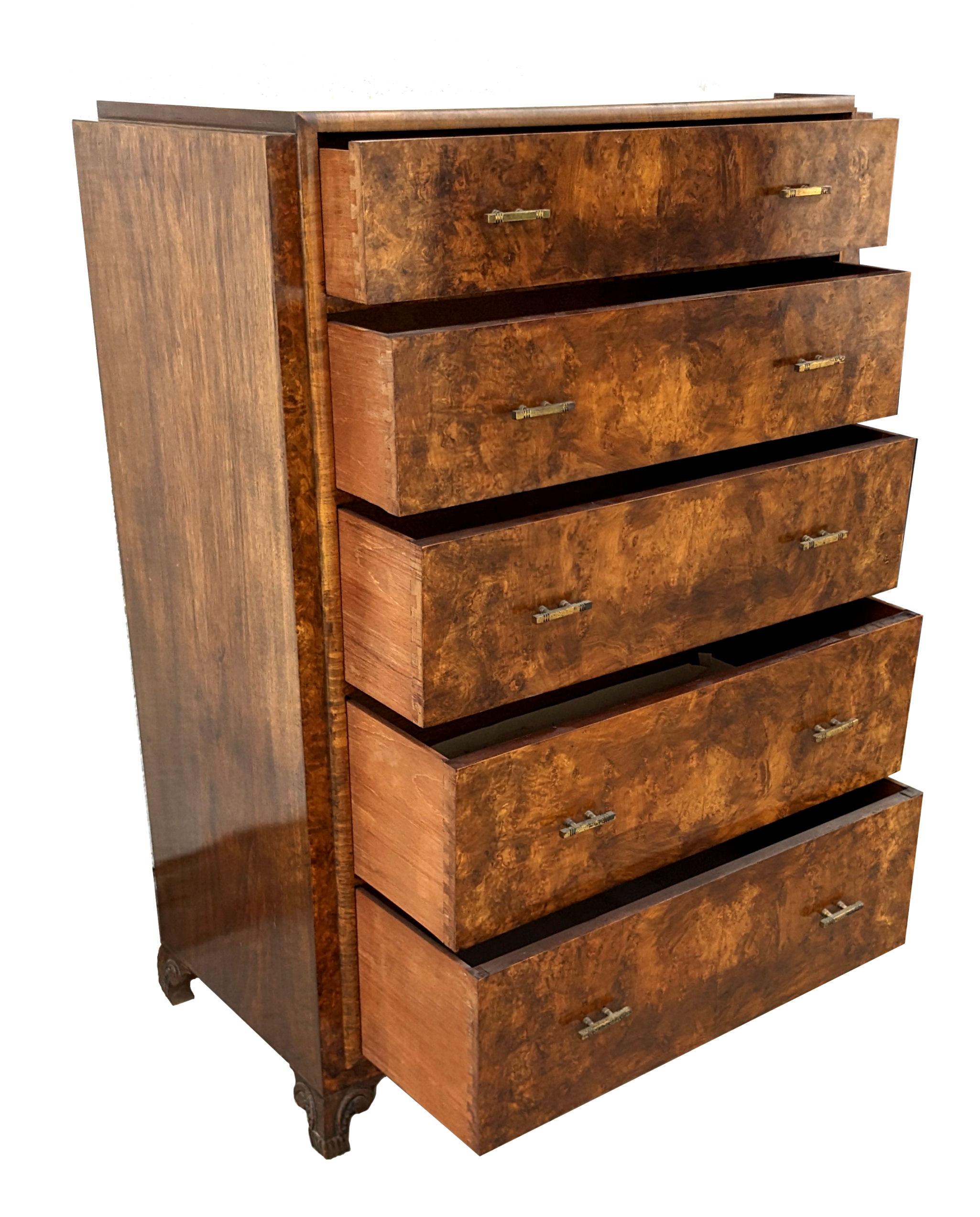 Art Deco High Quality Burr Walnut Chest Of Five Drawers, English, c1930's 2