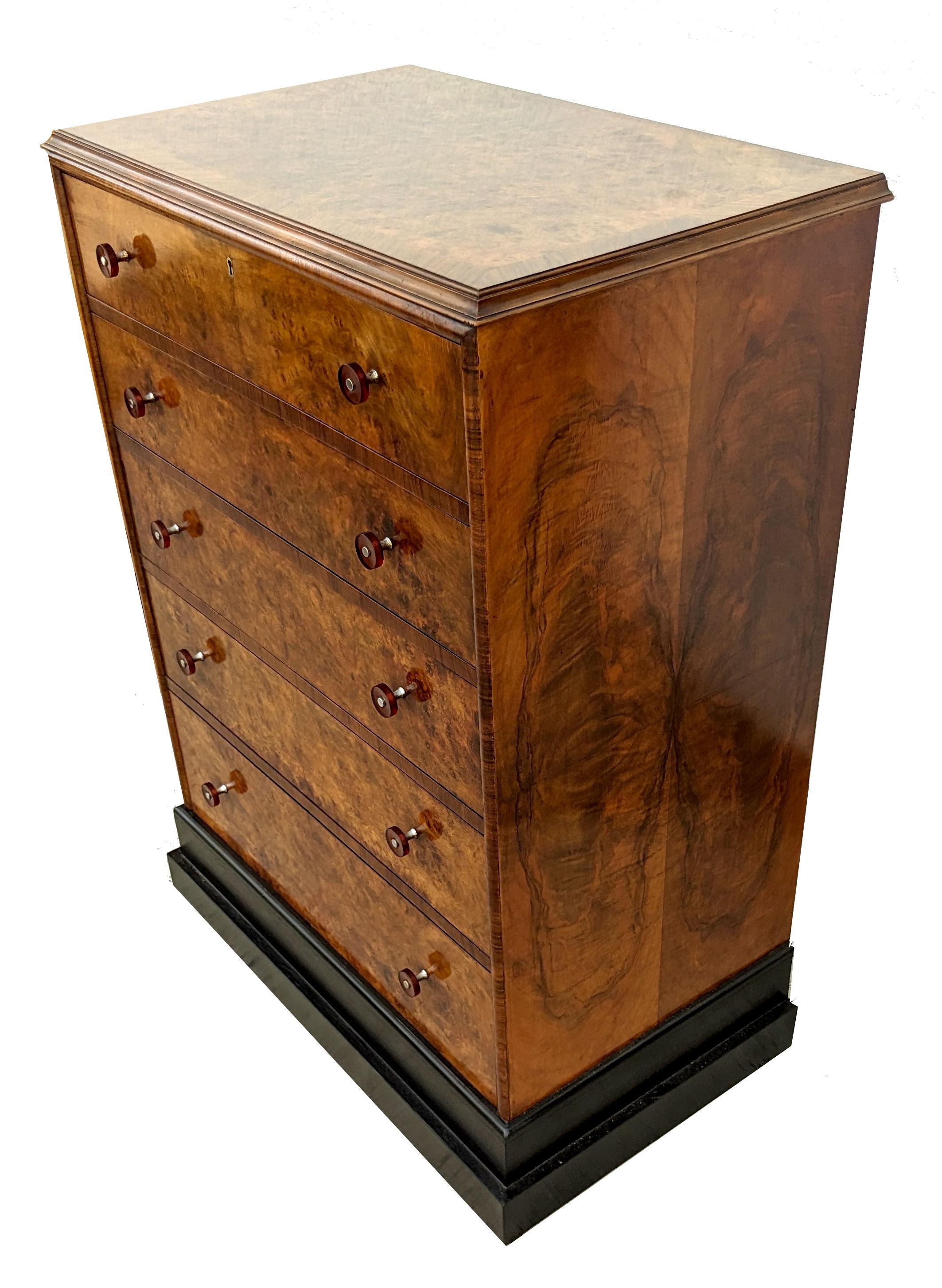 Art Deco High Quality Burr Walnut Chest Of Five Drawers, English, c1930's 4