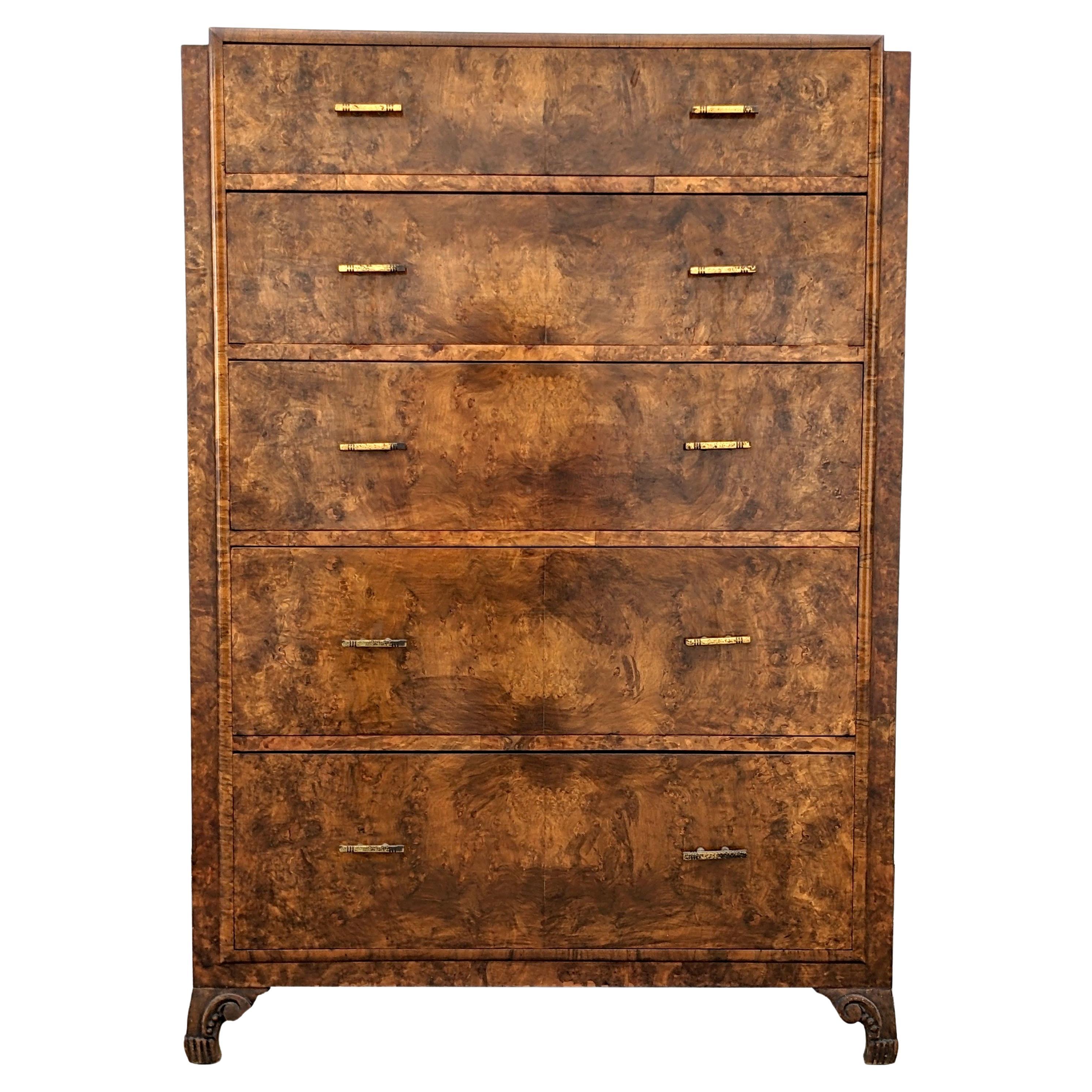 Art Deco High Quality Burr Walnut Chest Of Five Drawers, English, c1930's