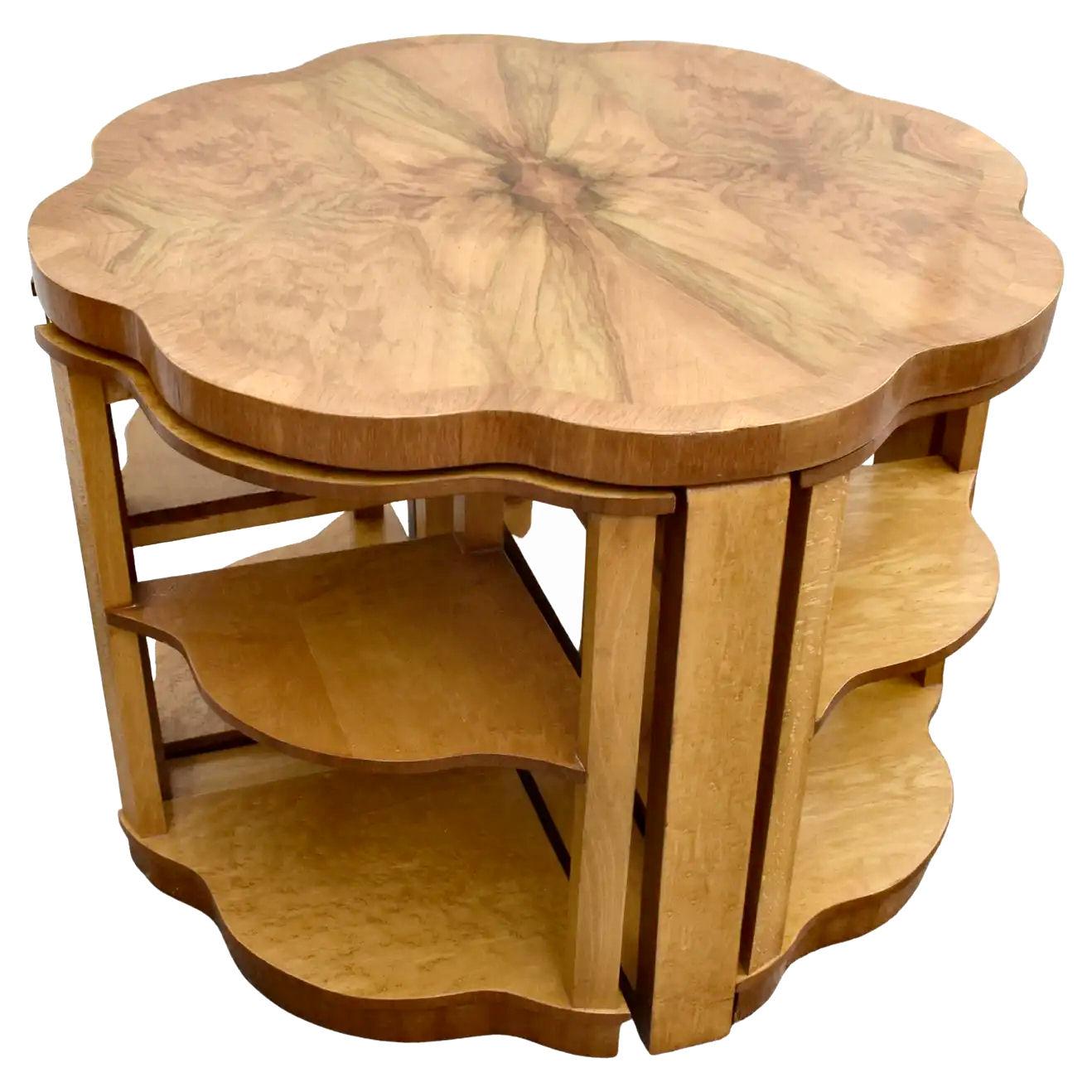 Polished Art Deco High Quality Walnut & Maple Nest of 5 Tables by Epstein, English, 1930 For Sale