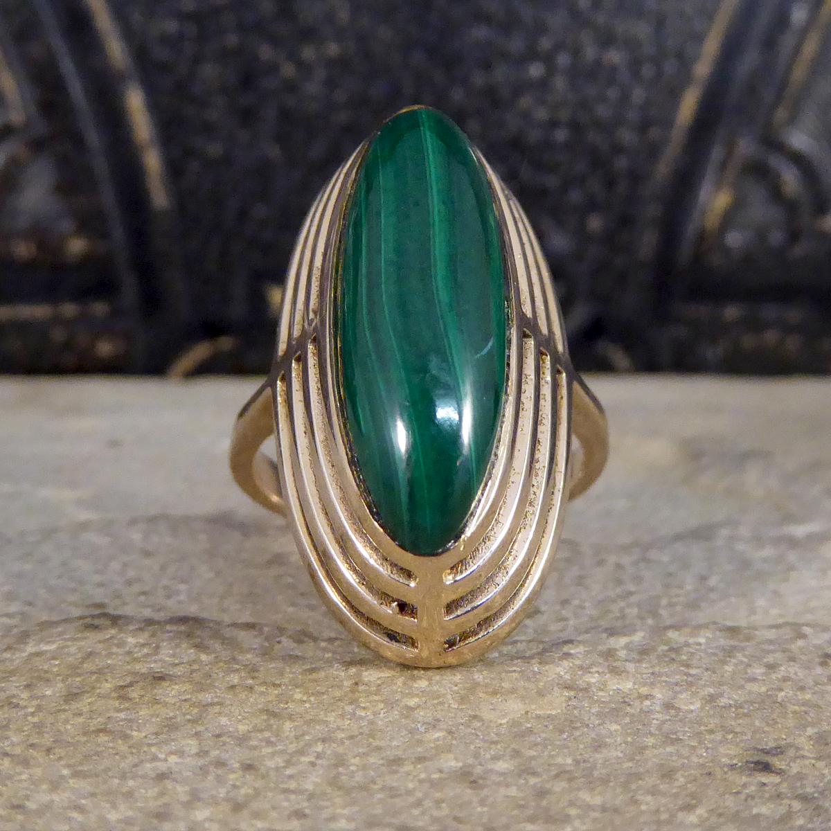 Cabochon Art Deco High Set Malachite Ring in 9ct Yellow Gold