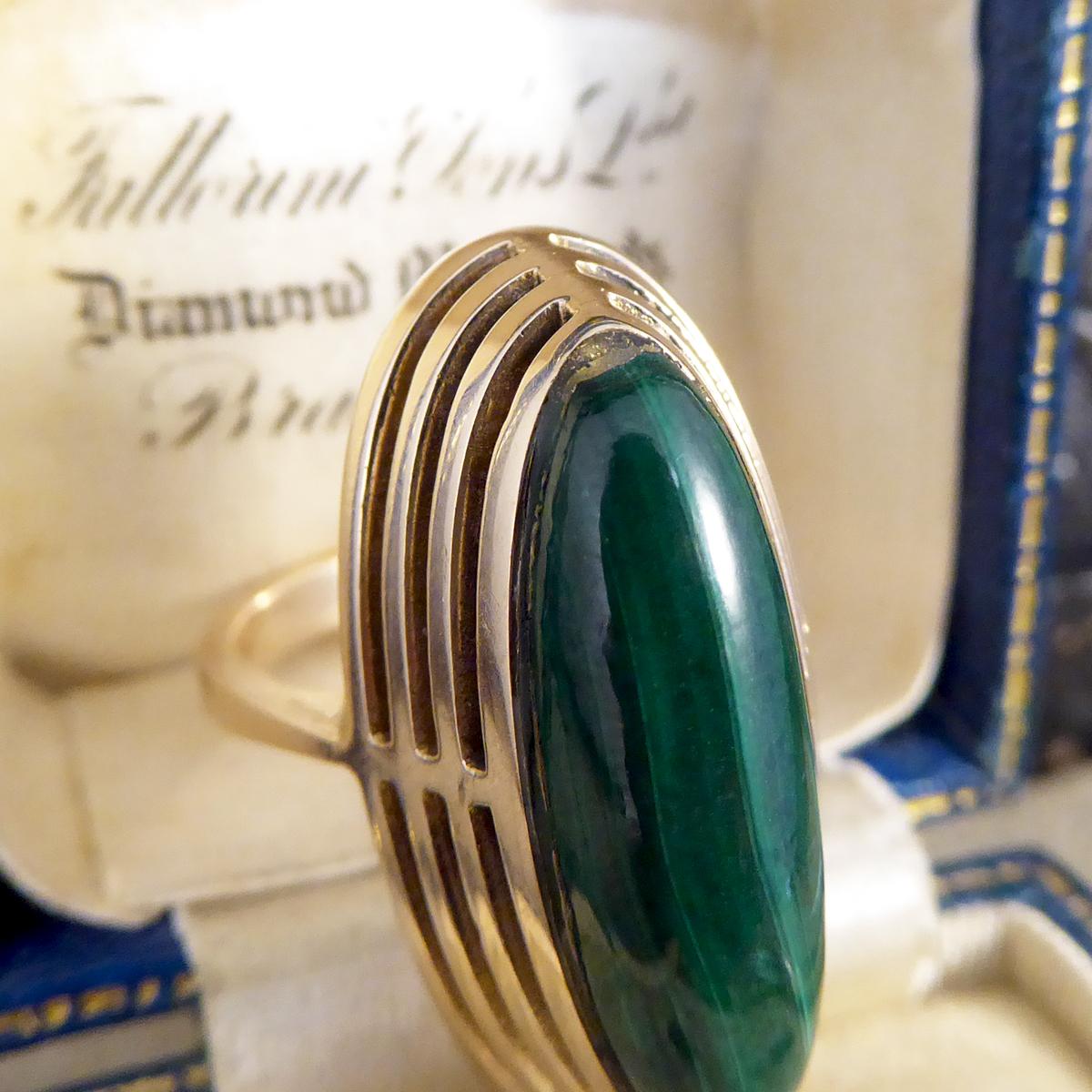 Women's or Men's Art Deco High Set Malachite Ring in 9ct Yellow Gold