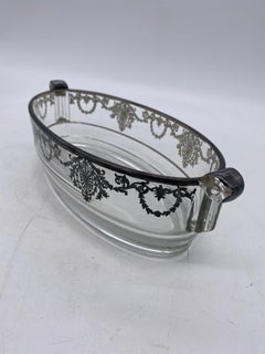 Art Deco High Style Silver Overlay Glass Serving Bowl Scrolling Handles