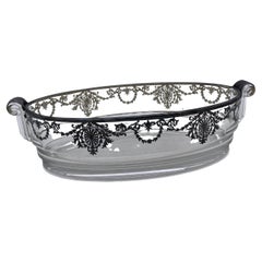 Art Deco High Style Silver Overlay Glass Serving Bowl Scrolling Handles