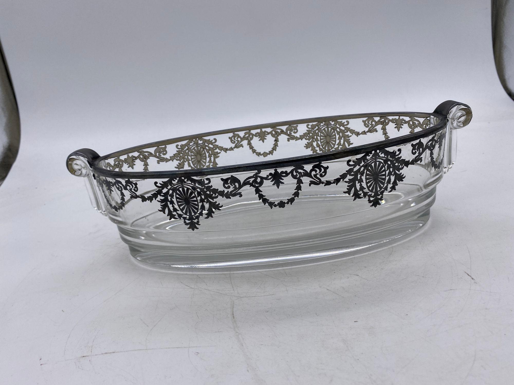 Art Deco High Style Silver Overlay Glass Serving Bowl Scrolling Handles In Excellent Condition For Sale In Van Nuys, CA