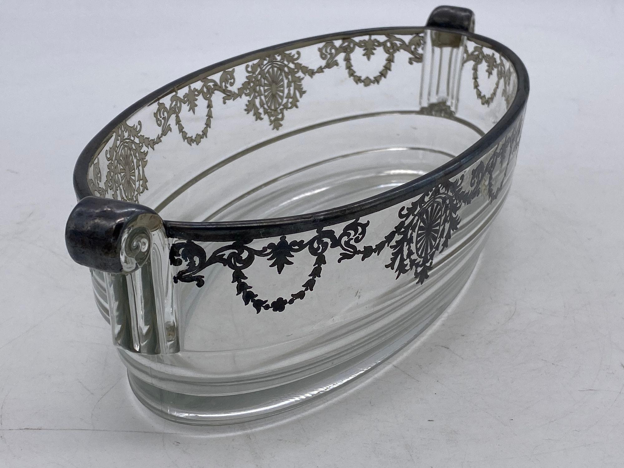 Early 20th Century Art Deco High Style Silver Overlay Glass Serving Bowl Scrolling Handles For Sale