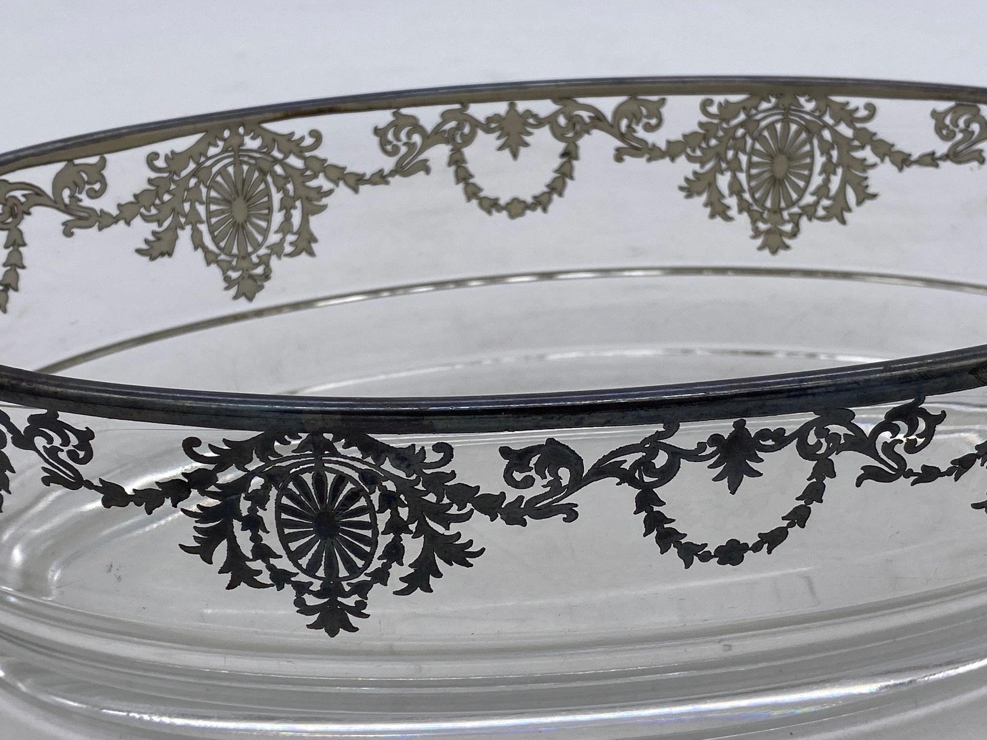 Art Deco High Style Silver Overlay Glass Serving Bowl Scrolling Handles For Sale 1