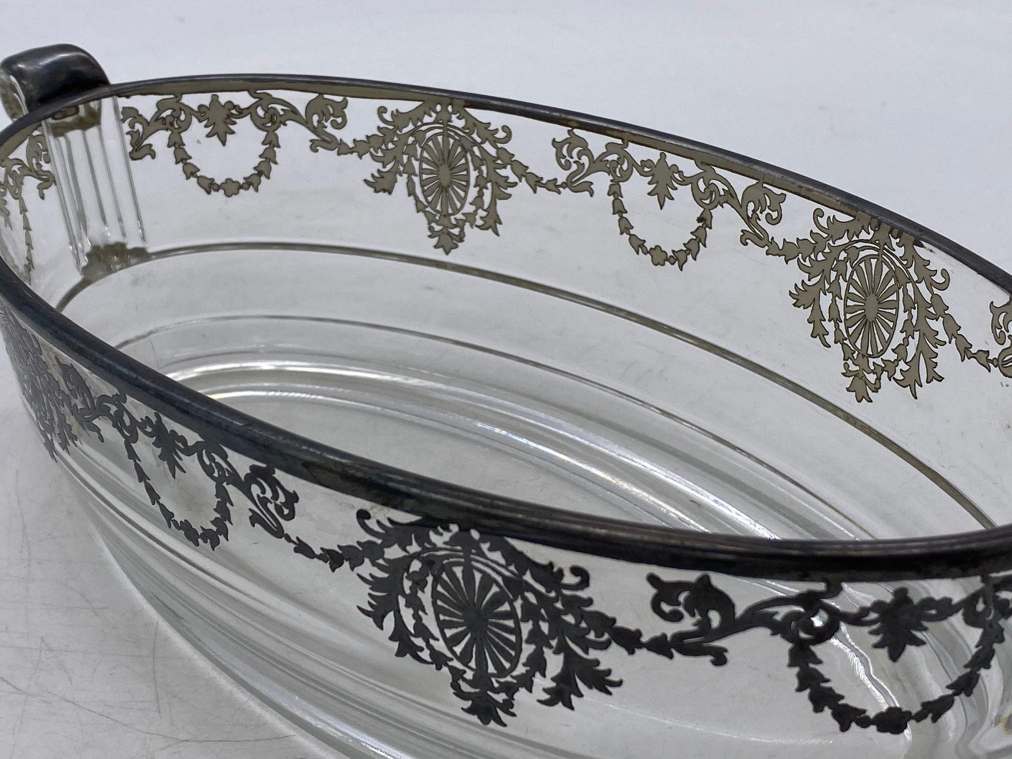 Art Deco High Style Silver Overlay Glass Serving Bowl Scrolling Handles For Sale 2