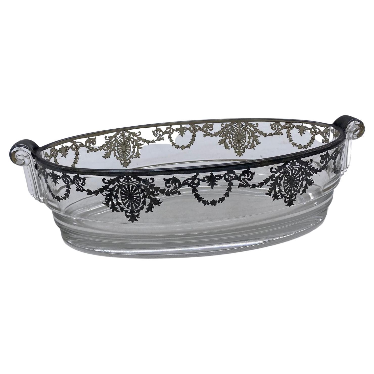 Art Deco High Style Silver Overlay Glass Serving Bowl Scrolling Handles For Sale