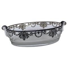 Art Deco High Style Silver Overlay Glass Serving Bowl Scrolling Handles