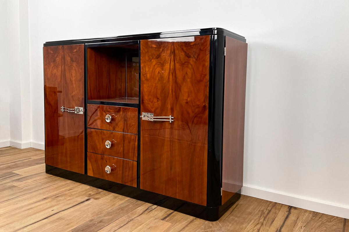 French Art Deco Highboard with a Fantastic Veneer and Mirrored Compartment