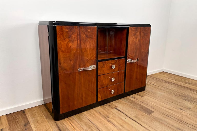 Polychromed Art Deco Highboard with a Fantastic Veneer and Mirrored Compartment For Sale