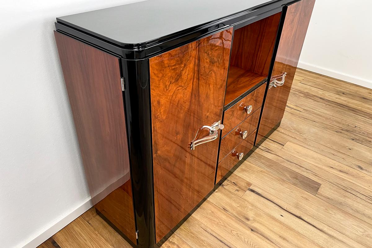 Brass Art Deco Highboard with a Fantastic Veneer and Mirrored Compartment