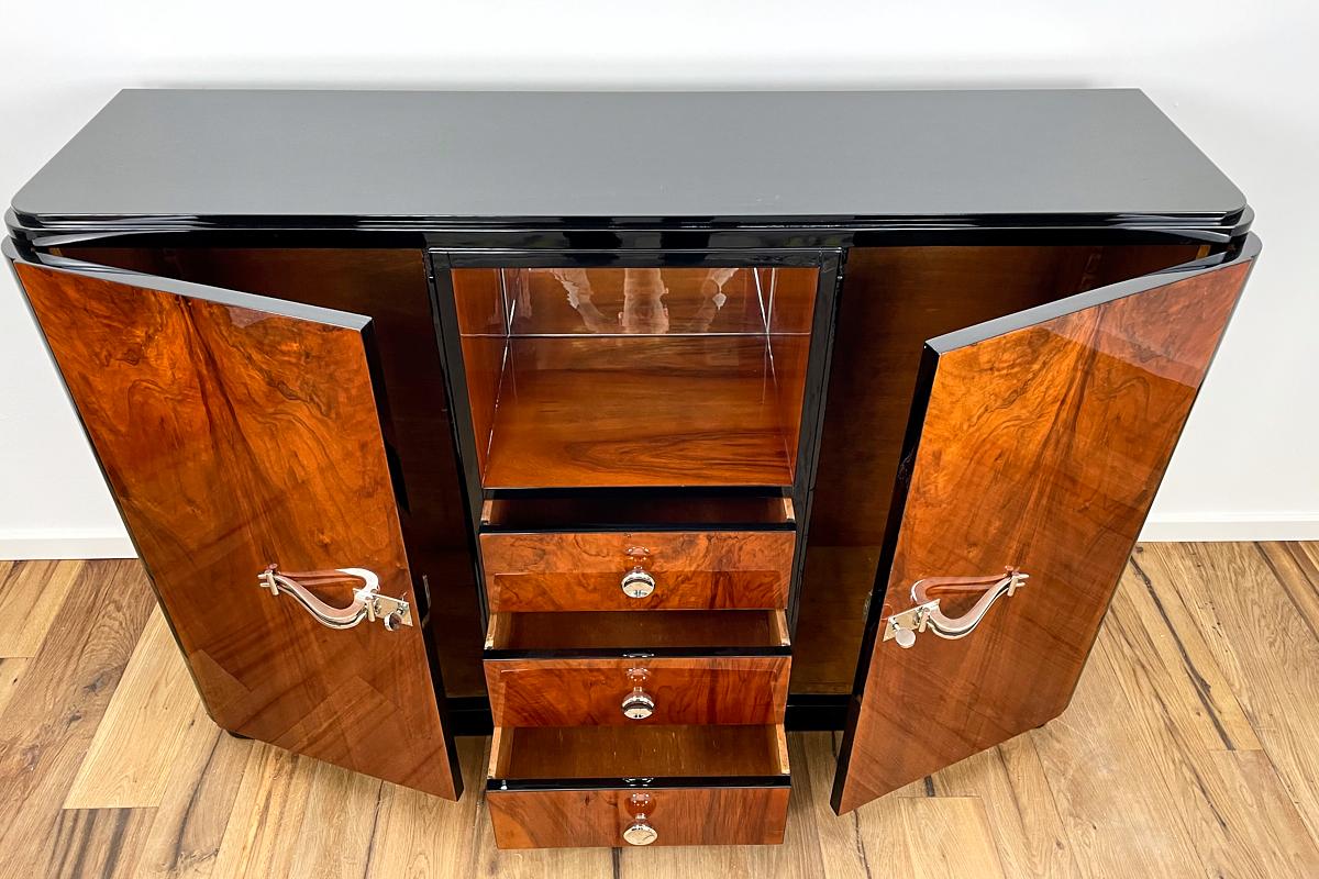 Art Deco Highboard with a Fantastic Veneer and Mirrored Compartment 1