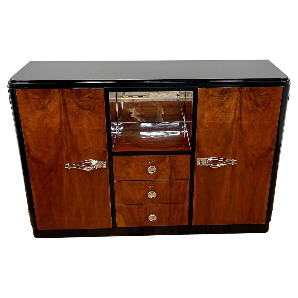 Art Deco Highboard with a Fantastic Veneer and Mirrored Compartment