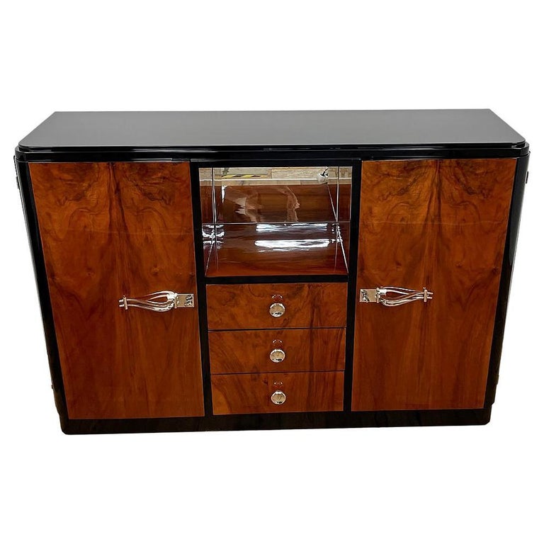 Art Deco Highboard with a Fantastic Veneer and Mirrored Compartment For Sale