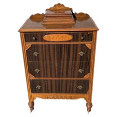 Art Deco Highboy Dresser, Burled Wood & Mahogany, Brass Hardware, USA, c. 1930s