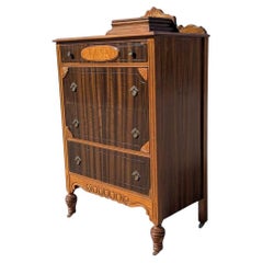 Antique Art Deco Highboy Dresser, Burled Wood & Mahogany, Brass Hardware, USA, c. 1930s