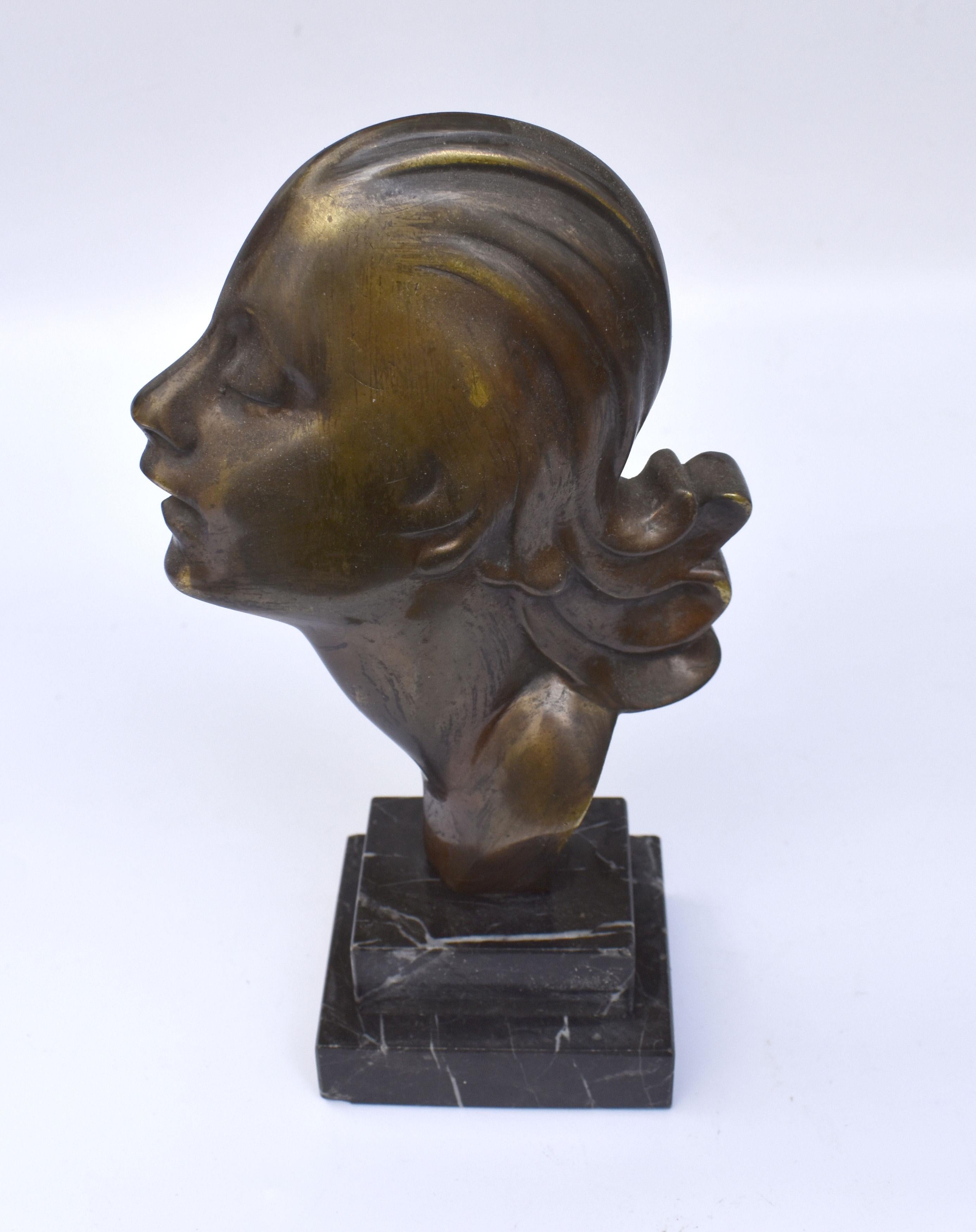 Art Deco Highly Styled Brass Bust, French, circa 1930 In Good Condition For Sale In Devon, England