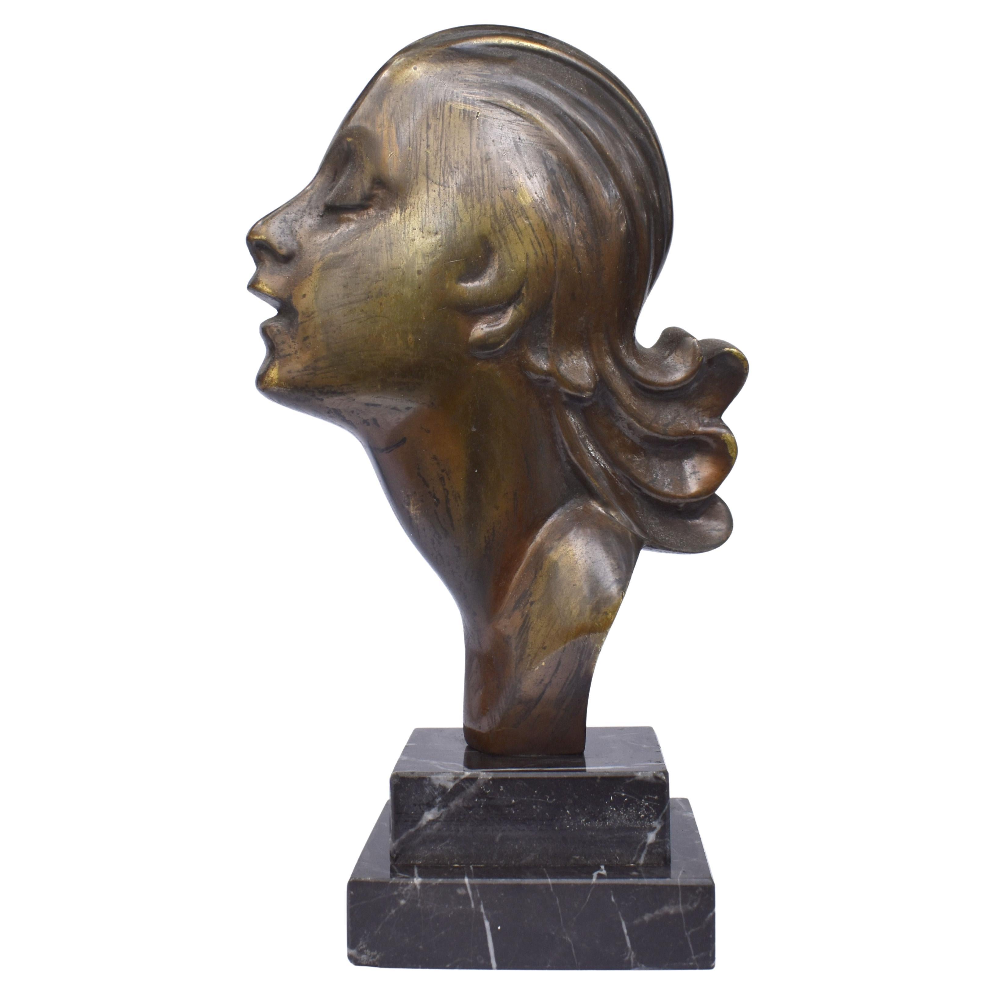 Art Deco Highly Styled Brass Bust, French, circa 1930 For Sale