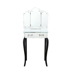 Art Deco Hollywood Mirrored Trifold Ebonized Cabriole Leg Vanity w/ Glass Pulls