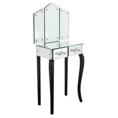 Art Deco Hollywood Mirrored Trifold Ebonized Cabriole Leg Vanity w/ Glass Pulls