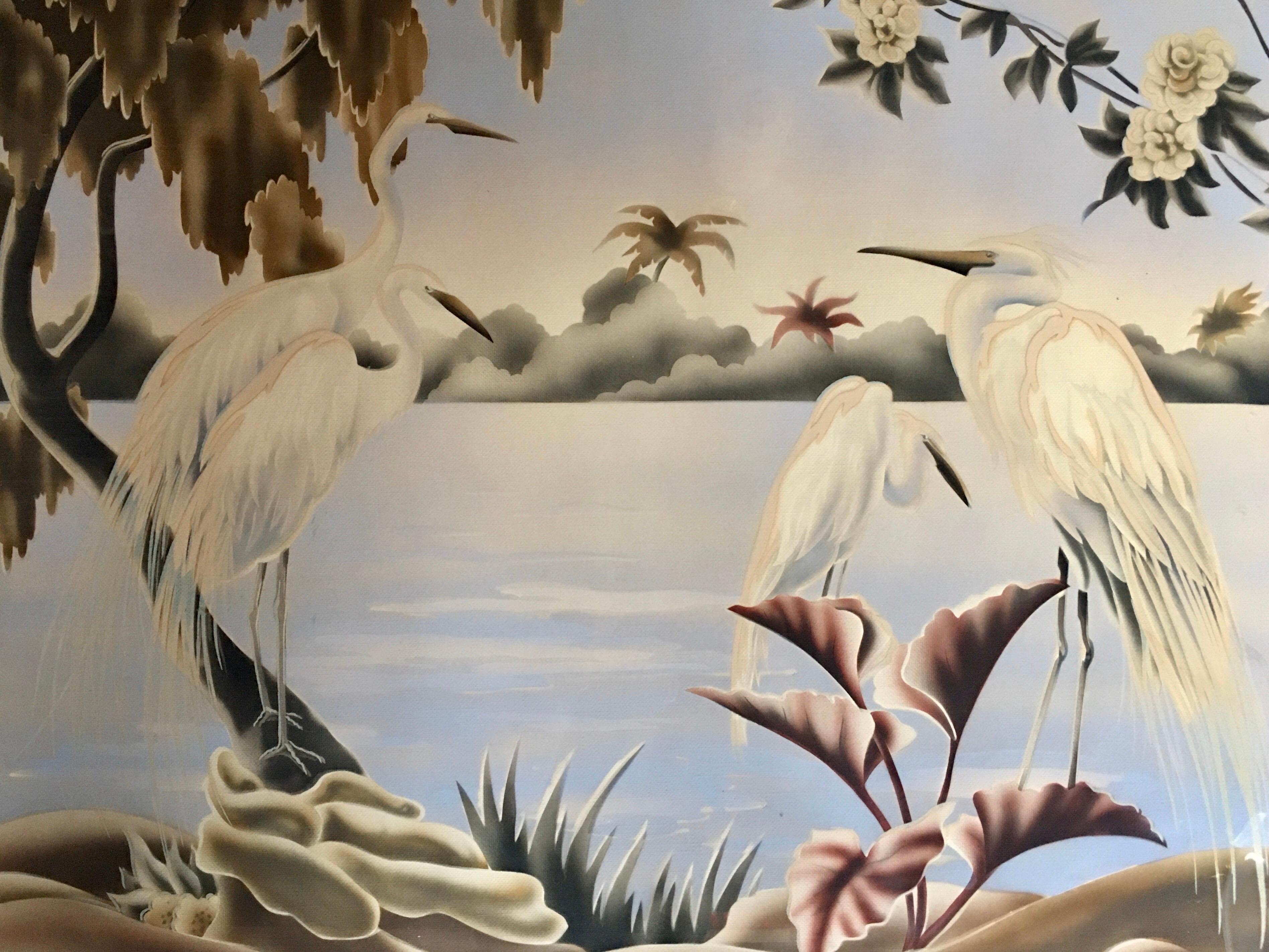 Hollywood Regency original airbrushed wall art by Billy Seay for the Turner Company. This tropical Art Deco style art piece features soft pastel toned crane birds and tropical booms. Framed in original mirrored frame.