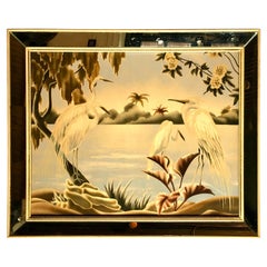 Art Deco Hollywood Regency Billy Seay Crane Bird Art dans un cadre miroir pour Turner