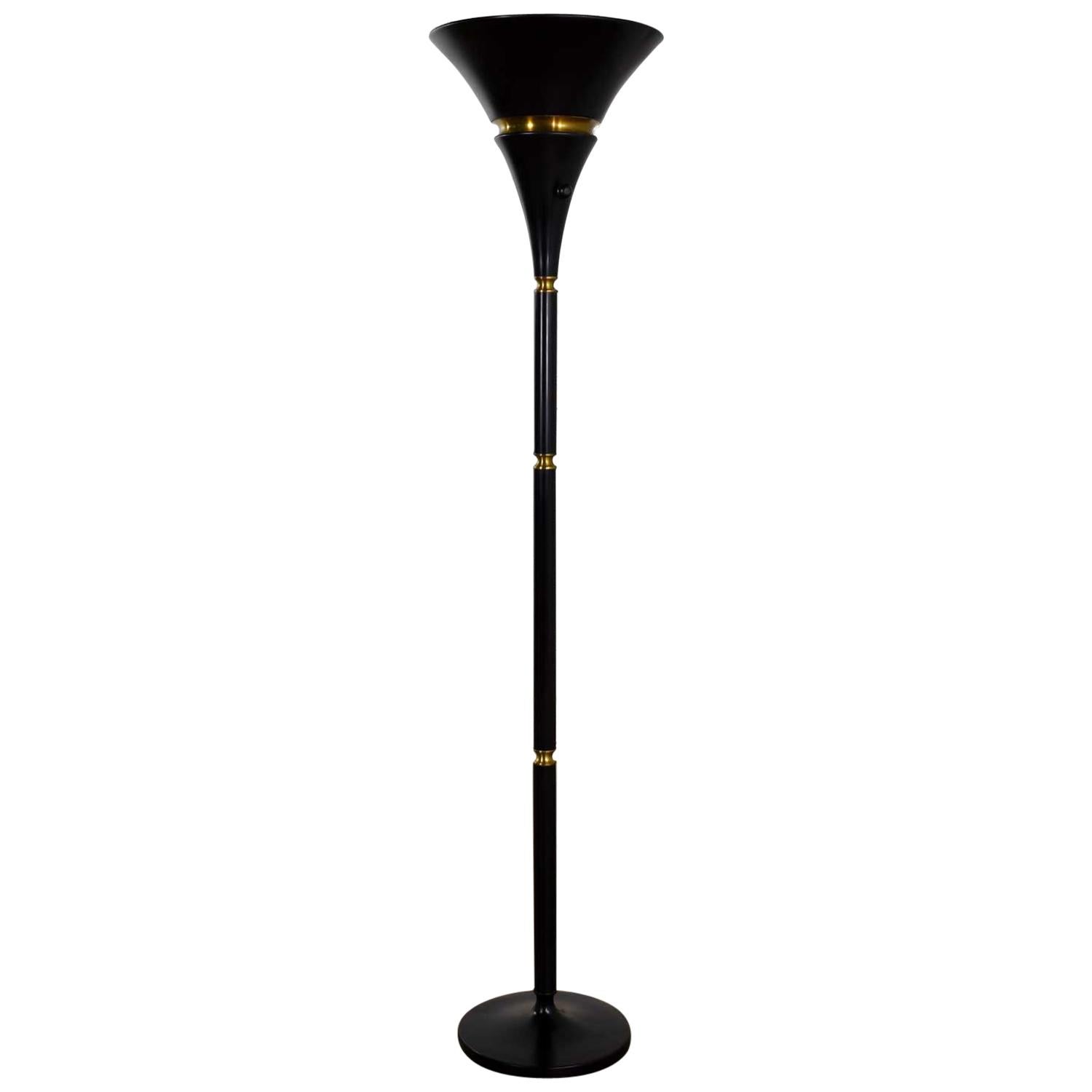 Art Deco Hollywood Regency Black and Brass Trumpet Torchier Floor Lamp