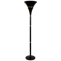 Art Deco Hollywood Regency Black and Brass Trumpet Torchier Floor Lamp