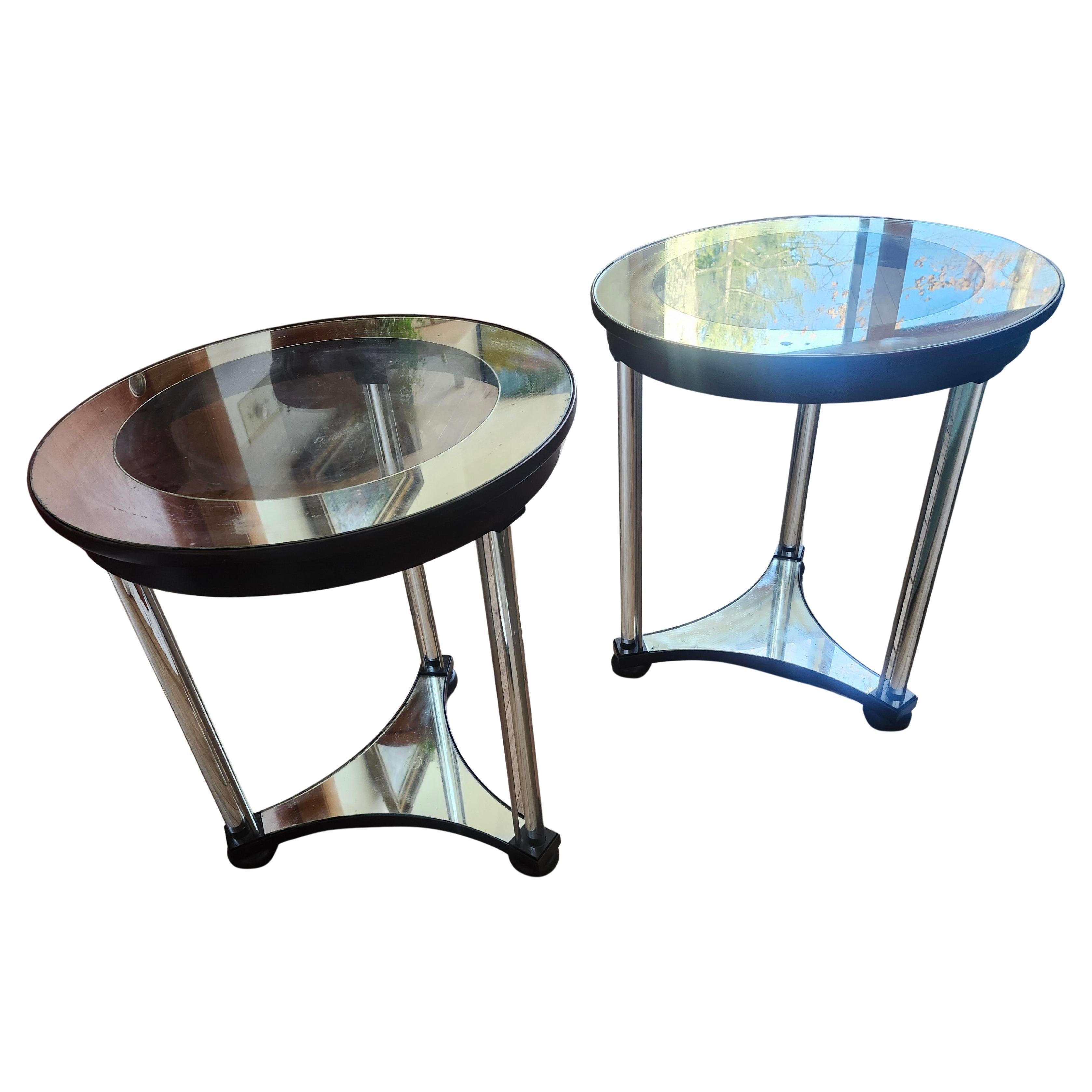 Art Deco Hollywood Regency End Tables with Glass Legs 
Silvered Mirror Tops For Sale