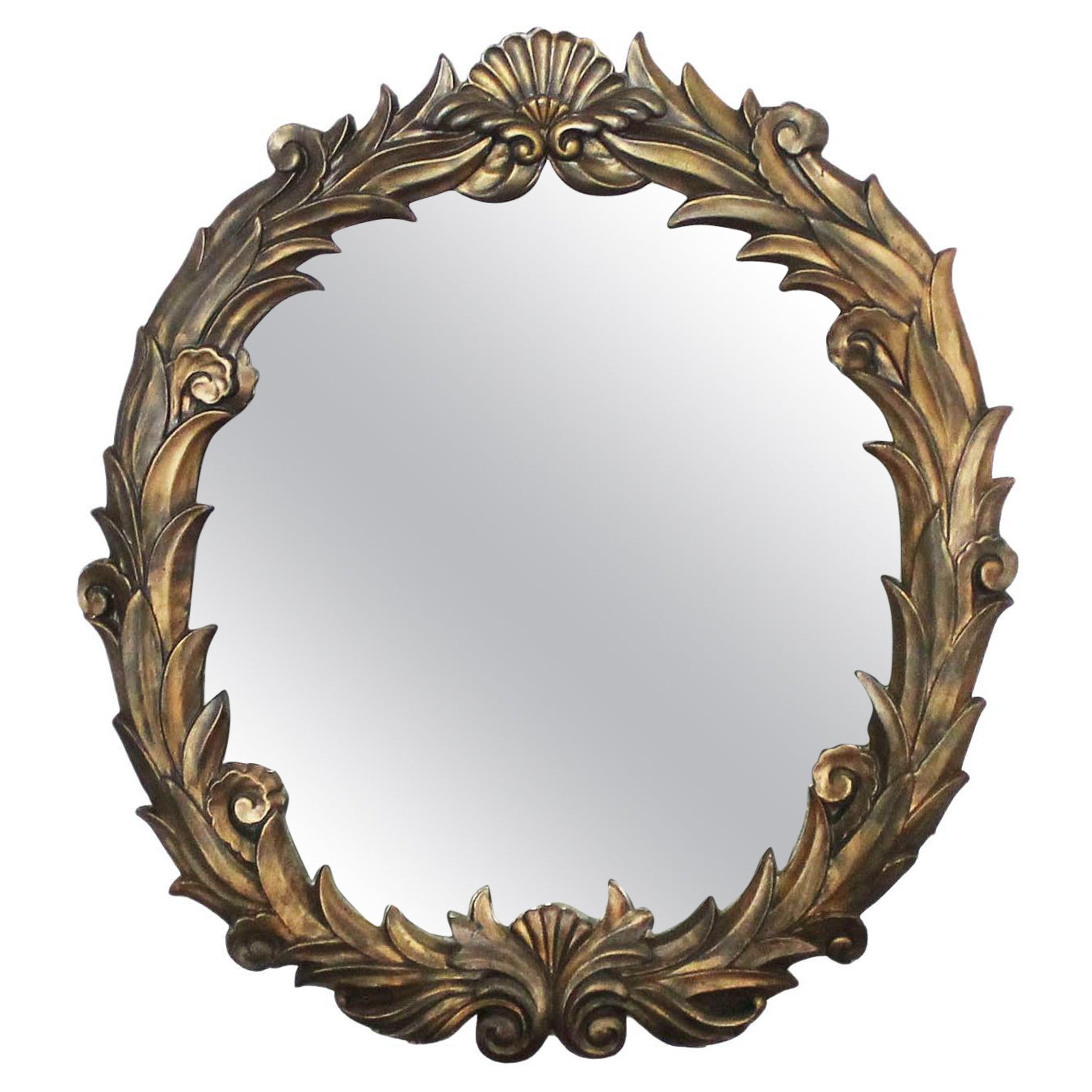 Art Deco Hollywood Regency Neo Classic Foliate Großer Runder Gipsspiegel im Angebot