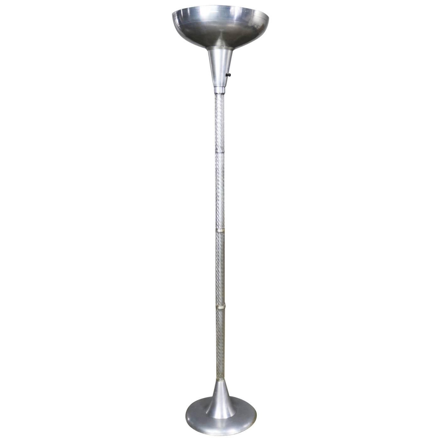 Art Deco Hollywood Regency Spun Aluminum and Glass Torchiere Floor Lamp