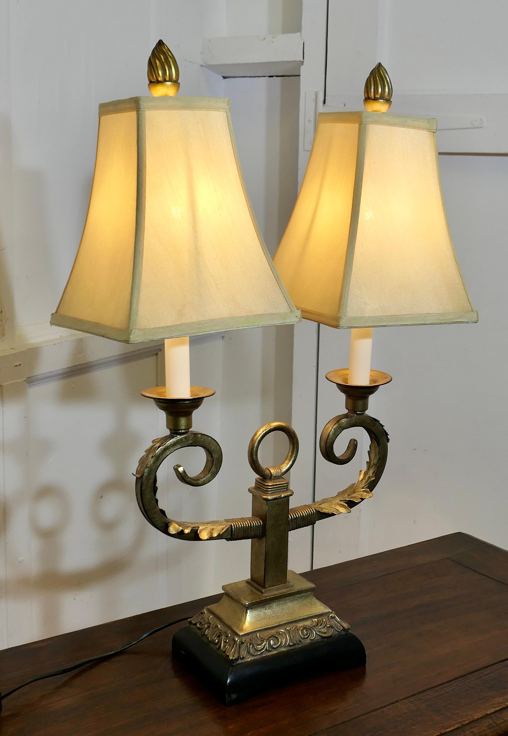 Brass Art Deco Hollywood Regency Twin Toleware Table Lamp  This is a charming piece  For Sale