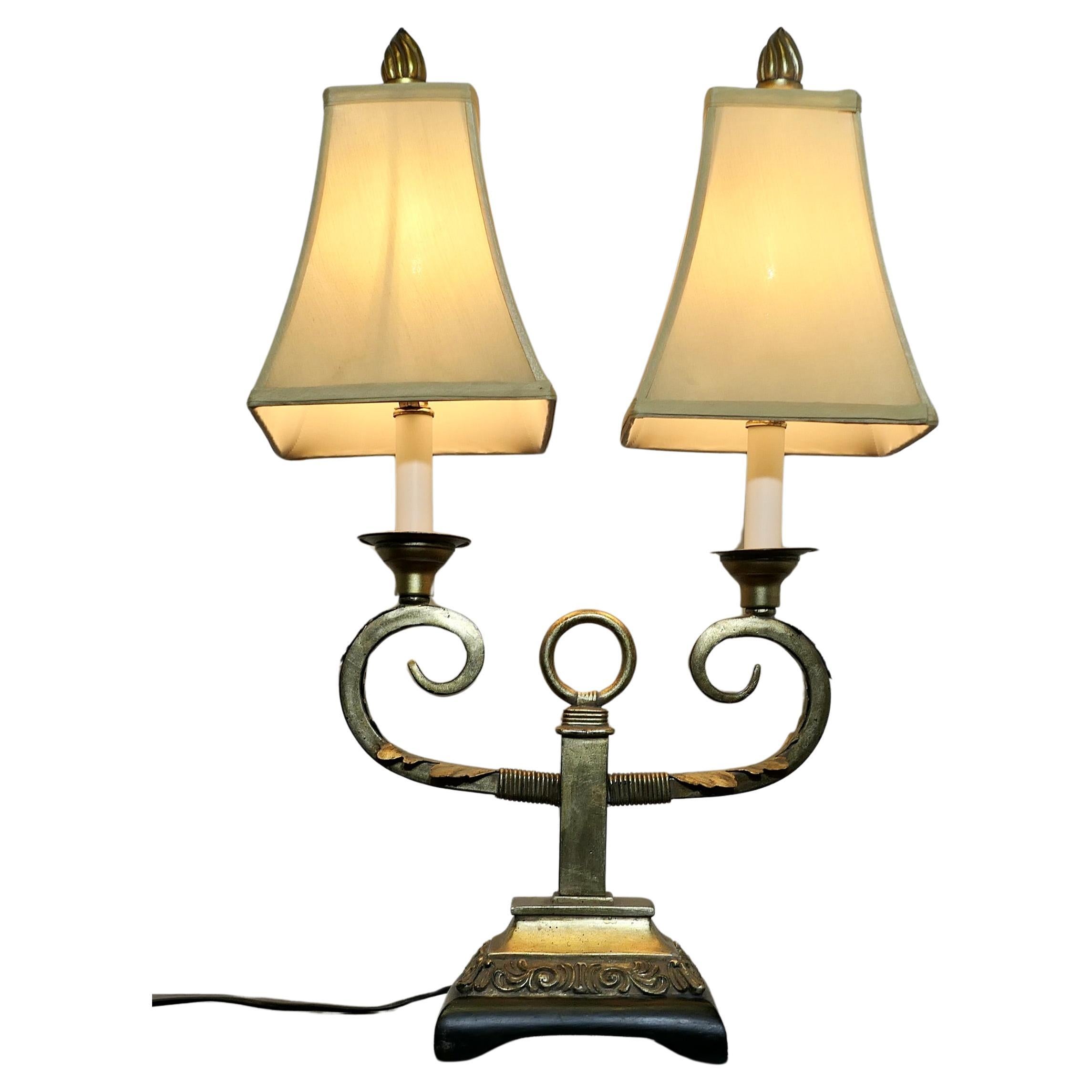 Art Deco Hollywood Regency Twin Toleware Table Lamp  This is a charming piece  For Sale