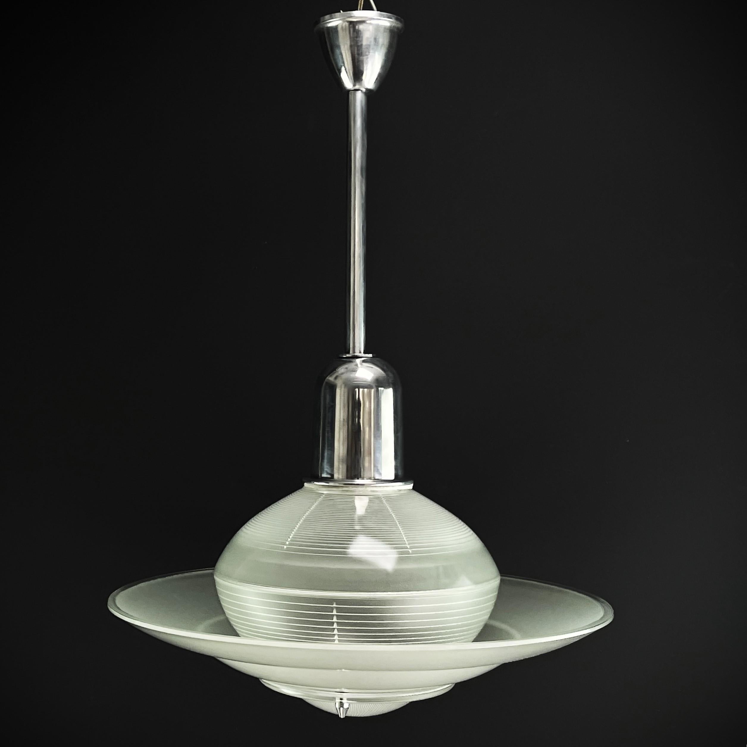 French Art Deco Holophane Ceiling Lamp  machine age design, 1940s For Sale