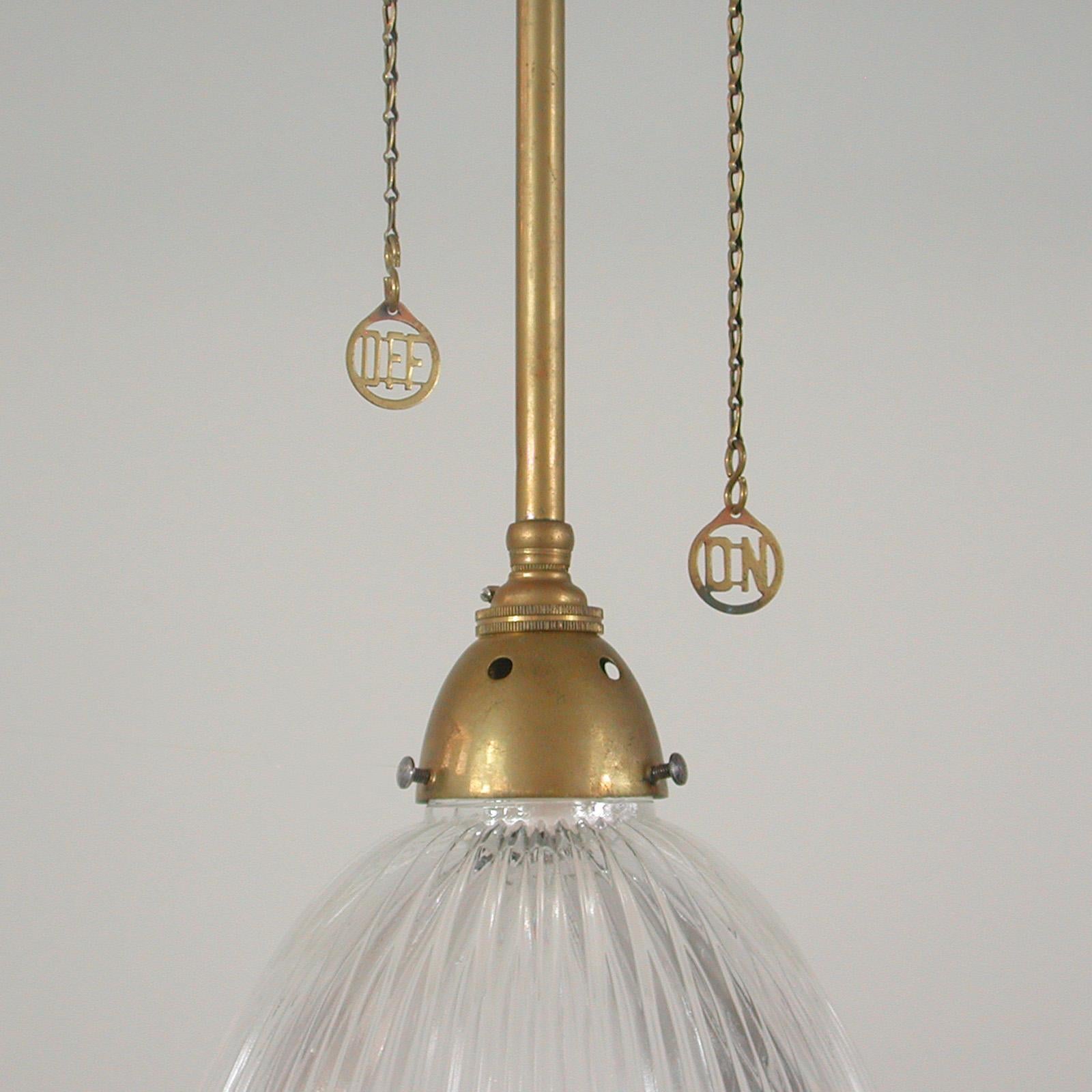 Art Deco Holophane Glass and Aged Brass Pendants, 1920s, Set of Two For Sale 6