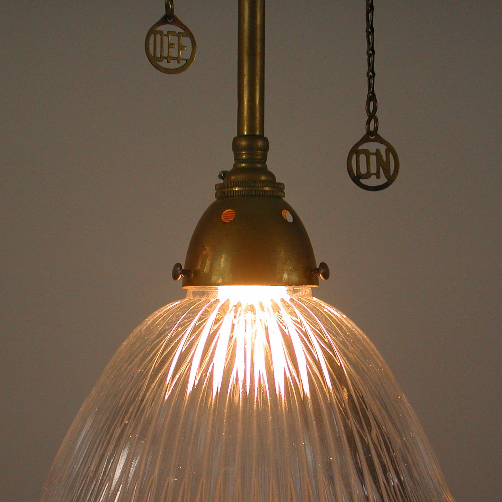 Art Deco Holophane Glass and Aged Brass Pendants, 1920s, Set of Two For Sale 8