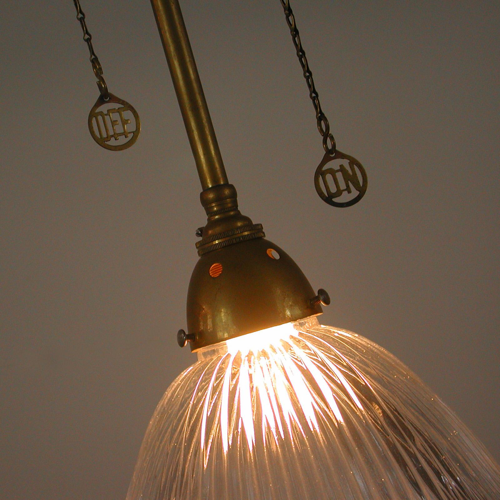 Art Deco Holophane Glass and Aged Brass Pendants, 1920s, Set of Two For Sale 9
