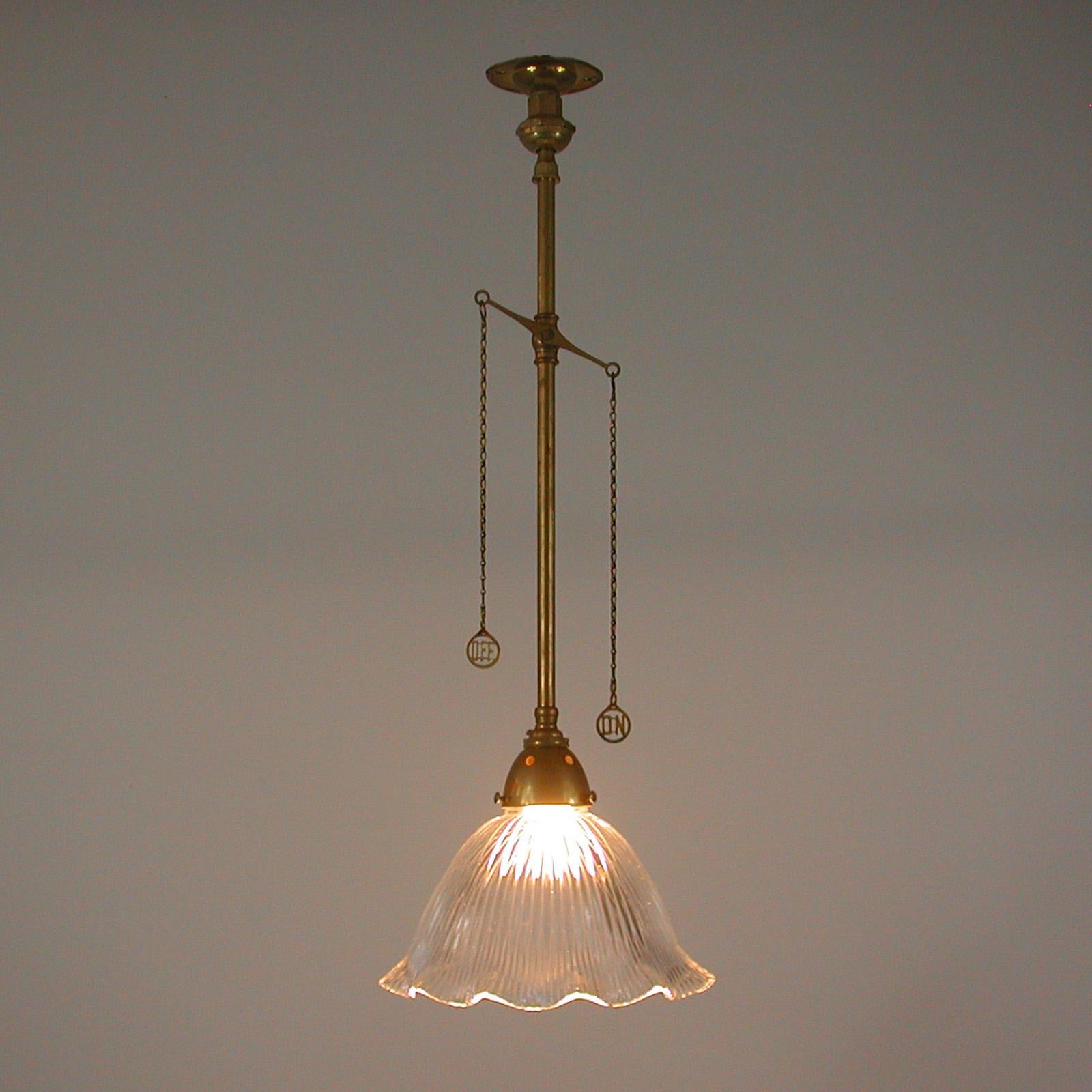 Art Deco Holophane Glass and Aged Brass Pendants, 1920s, Set of Two For Sale 12