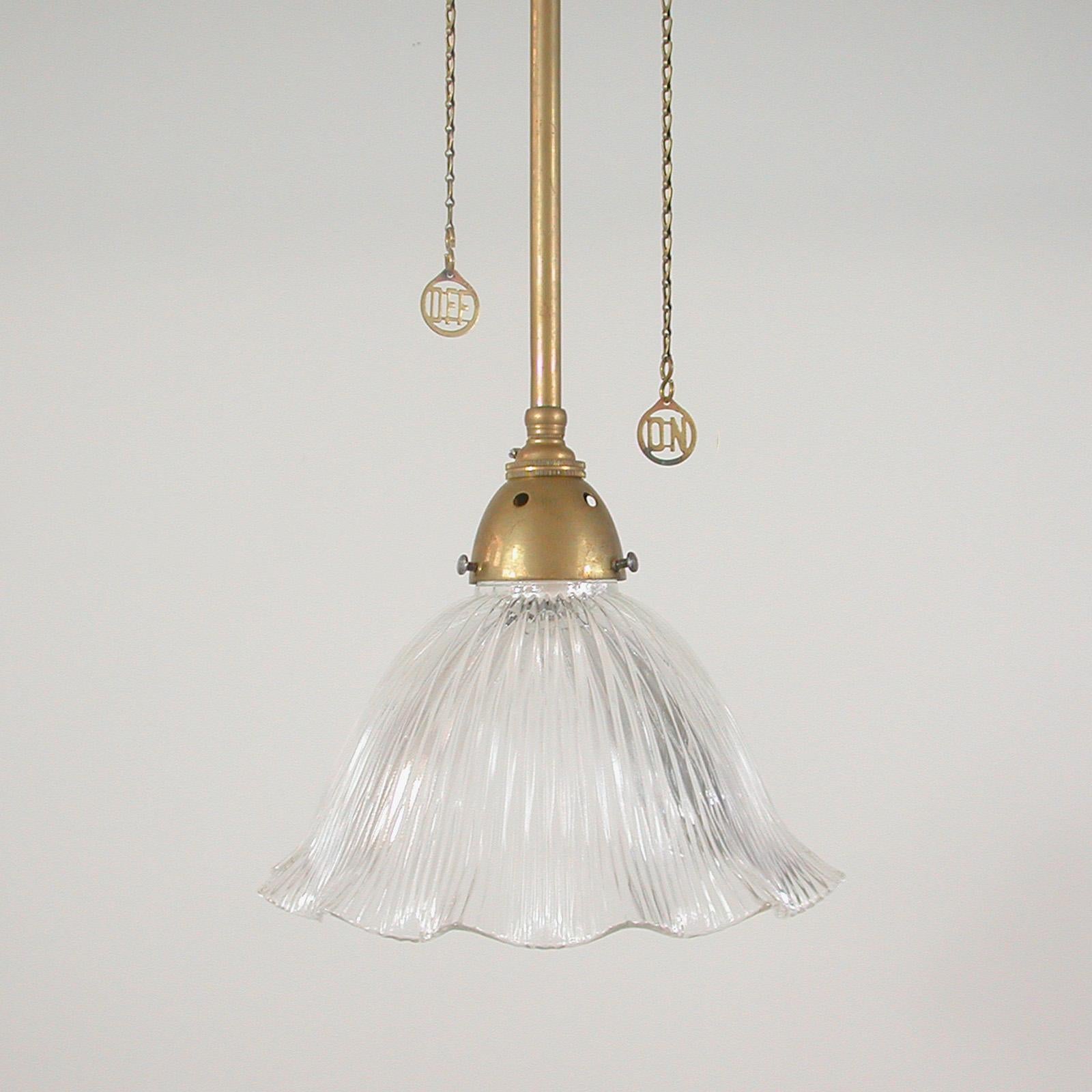 Art Deco Holophane Glass and Aged Brass Pendants, 1920s, Set of Two For Sale 1